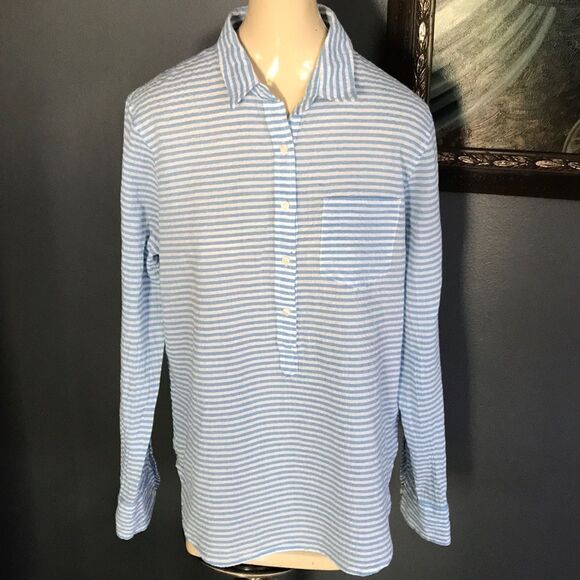 J. Crew blue/white crinkle cotton popover top, S - Picture 1 of 5